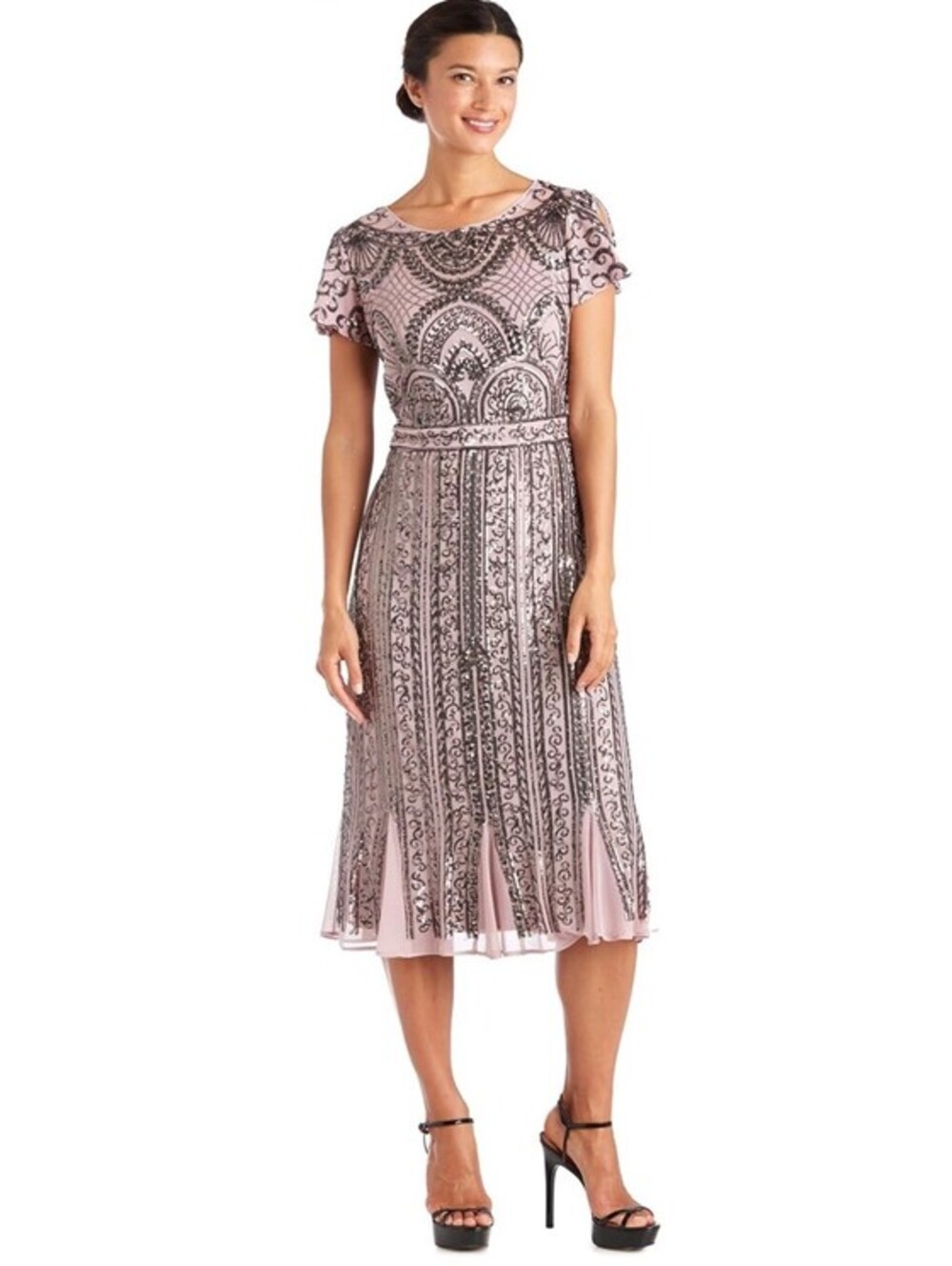 R&M Richards Sequined Evening Dress Split Short Sleeve Size 6 Mauve